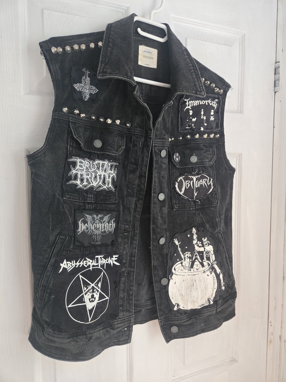 Custom DIY Studded Battle Vest Black Metal Emperor Obituary Cut Off Denim XS